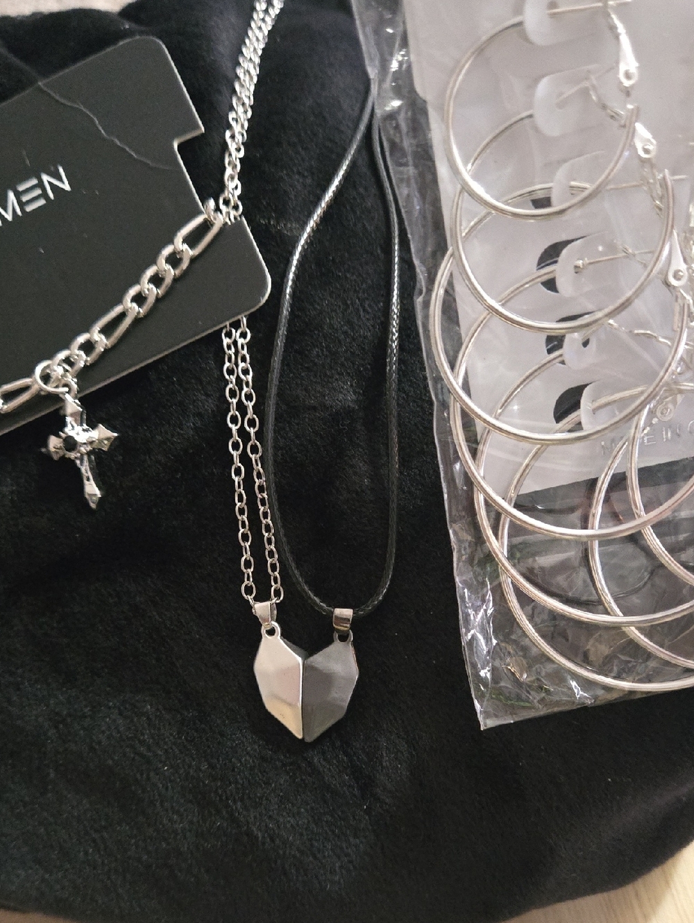 2 Halves Silver Heart Pendant Necklace - Cross Bracelet And Hoop Earrings